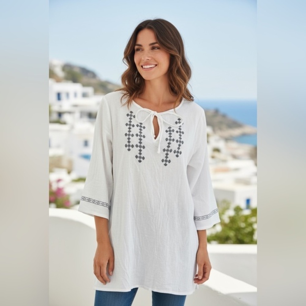 Apt. 9 White Embroidered Peasant Tunic Top Boho Blouse Size L